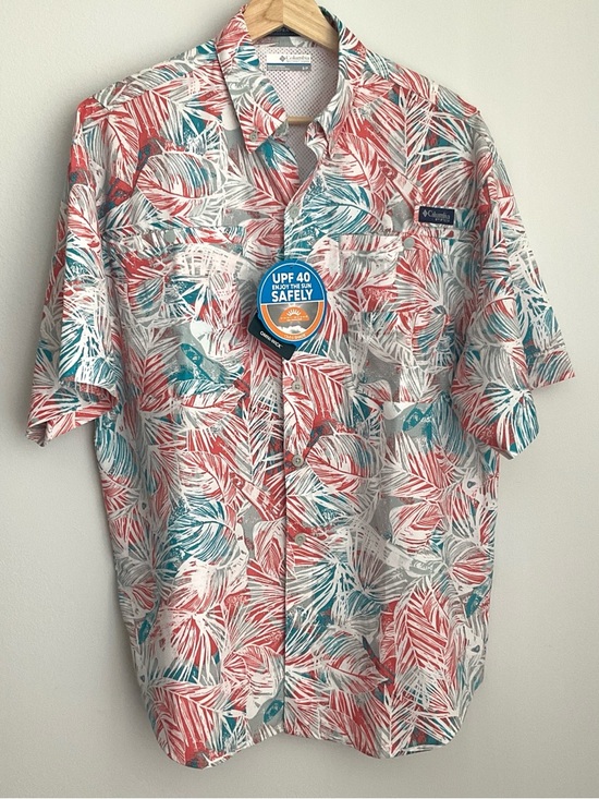 Columbia Other - Columbia Super Tamiami PFG Coral & Teal Tropical Short-Sleeve Button-Down Shirt